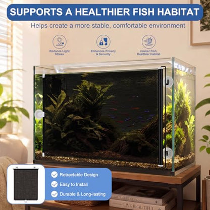 Aquarium Light Blocker Retractable Adjustable Fish Tank Light Blocker Black Mesh Curtain Aquarium Background Backdrop, Easy Installation with Suction Cups, 15.7 x 51 Inch