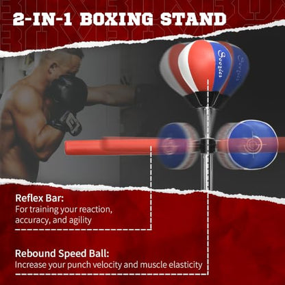 Soozier Free Standing Boxing Bag with Stand, Punching Speed Bag Reaction Bar Challenge with Suction Cups, 64-81in Adjustable Height for Teenagers and Adults