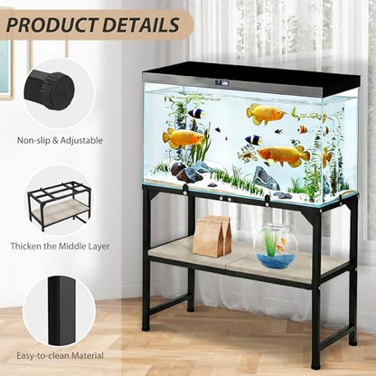 10-20 Gallon Fish Tank Stand, Metal Aquarium Stand with Adjustable Non-Slip Foot and Wooden Shelf, Reptile Tank Stand Easy to Assemble for Home Office, Firm and Steady(Tank not Included) - color: BLACK-02