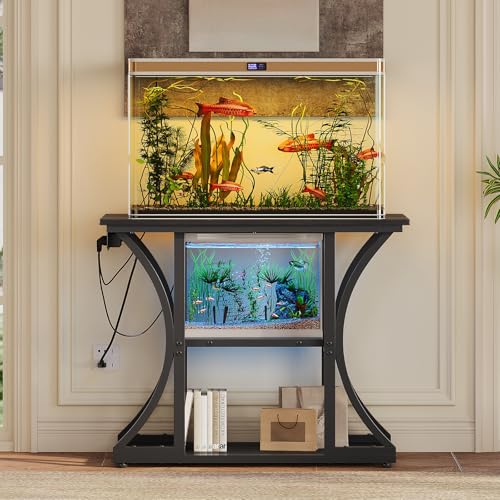 50 Gallon Aquarium Stand with Power Outlets Fish Tank Stand with 3-Tier Storage Shelves Display Stand for Turtle Tank Shelves Metal Frame Stand for Living Room Office Entryway(Black)