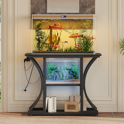 50 Gallon Aquarium Stand with Power Outlets Fish Tank Stand with 3-Tier Storage Shelves Display Stand for Turtle Tank Shelves Metal Frame Stand for Living Room Office Entryway(Black)