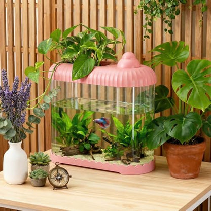 Pink 2 Gallon Plastic Aquaponic Betta Fish Tank Large Bowl Shatterproof Small Ecosystem Aquarium with Secure Buckle Lid, Clear Clarity for Terrarium, Flower Vase Betta Fish Tabletop Gifts - color: Pink