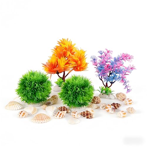 Aquarium Decor Set – Fish Tank Decorations & Accessories with Artificial Aquarium Plants, Shells, Coral Reef Decor, Betta Fish Tank Accessories & Ornaments for Small or Large Fish Tanks
