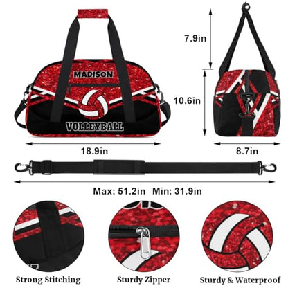 Personalized Sports Volleyball Bag, Red Glittering with Black | Custom Team Name Gym Sport Duffel Bag Weekender Bags Travel Duffel Bag - color: Red Black
