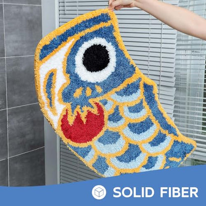 Cute Fish Bath Mat For Bathroom, Japanese Koi Flag Soft Water Absorbent, Non-Slip, Machine Washable (Blue)