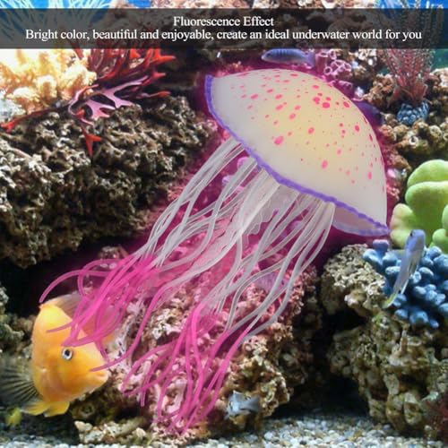 Pssopp Floating Silicone Glowing Artificial Red Jellyfish, Aquarium Decoration Simulation Ornament with Suction Cup for Fish Bowl (Lemon Yellow) (Red (1.0mm Thickness))