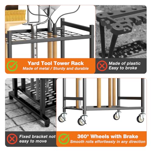Garden Tool Organizer with Wheels, Heavy-Duty Yard Tool Rack with 3 Side Hooks, Holds Up to 40 Long-Handled Tools, Metal Garage Tool Storage for Lawn & Outdoor Organization