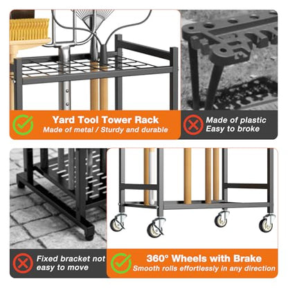 Garden Tool Organizer with Wheels, Heavy-Duty Yard Tool Rack with 3 Side Hooks, Holds Up to 40 Long-Handled Tools, Metal Garage Tool Storage for Lawn & Outdoor Organization
