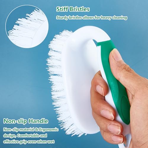 Scrub Brush Set, 4 Pack Deep Cleaning Brush Kit - 2 Scrub Brush, 2 Tile & Grout Brush with Built-in Scraper, Household Commercial Scrubber for Floor, Shower, Pool Wall, Tub (Green)