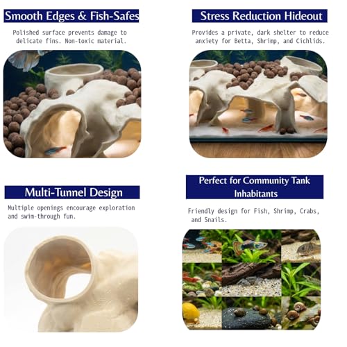 Large Aquarium Tunnel & Cave (9.5" L), 3D Printed Substrate Viewer Fish Hideout with Wide Top Entrances, Tank Decor for Small Fish, Corydoras, Betta & Shrimp- Set with 3 Mini Accessories (Yellow)