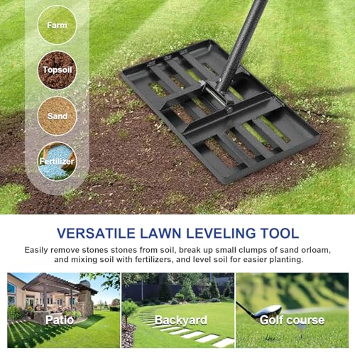 Lawn Leveling Rake,Stainless Steel Lawn Leveler with 18”x10” Ground Plate, 72” Adjustable Long Handle, Level Lawn Tool for Grass, Golf Field, Level Soil or Dirt Ground Surfaces