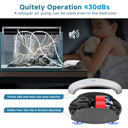 AQQA Aquarium Air Pump Quiet Fish Tank Aerator Pump Fish Oxygen Pump with Air Tubes Air Stones & Check Valve (3W for Up to 60 Gal) - size: 3W