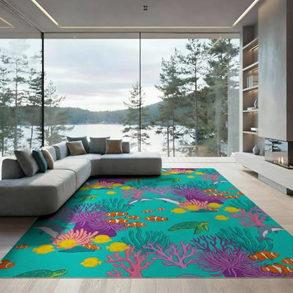 9'x12' Washable Flatwoven Rug, Yellow Graphic Turtle Stain Resistant Massive Carpet Non-Slip Chair-Friendly Mat for Dining Room, Basement, Large Office | Ref:1942919 - color: Blue/Pattern 48, size: 9' x 12' (Rectangular)