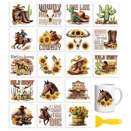 Peacoblue 18 Sheets Rub on Transfers for Crafts, Western Cowboy and Sunflowers 3.6"x3.9" UV DTF Cup Wraps Waterproof Rub on Cold Transfers Stickers for Wood Glass Metal Cup Tumblers Mirror Mugs Decor - style: Western Cowboy and sunflowers