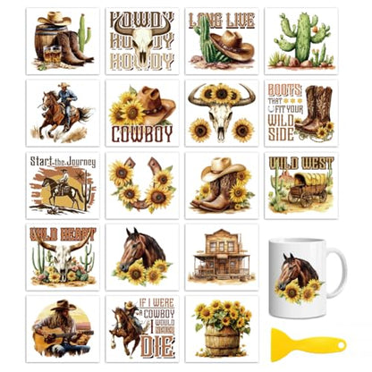 Peacoblue 18 Sheets Rub on Transfers for Crafts, Western Cowboy and Sunflowers 3.6"x3.9" UV DTF Cup Wraps Waterproof Rub on Cold Transfers Stickers for Wood Glass Metal Cup Tumblers Mirror Mugs Decor - style: Western Cowboy and sunflowers