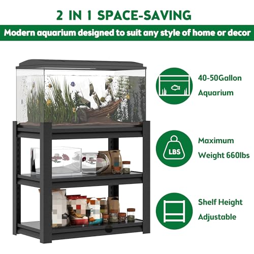 40-50 Gallon Heavy Duty Metal Aquarium Stand, Adjustable 3-Tier Fish Tank Rack, 31.5L x 18W x 34H Inches Metal Shelving for Reptile Tanks, Home and Office Storage Furniture