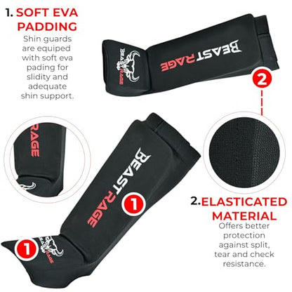 BEAST RAGE Shin Guards for Muay Thai, Kickboxing, MMA Leg Guards Martial Arts Taekwondo, Boxing, Elasticated Sock Padded Leg Instep Pads, Shin Pads,Sparring Training, Karate BJJ - color: BLACK RED, size: Medium