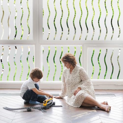 Donox Window Privacy Film, Static Frosted Window Film Non-Adhesive Glass Film, Beautiful Simple Wave Pattern for Home Office, 17.5 X 78.7 Inches
