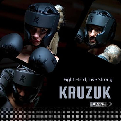 Kruzak Unisex Boxing Headgears - MMA Training, Adjustable Padded, Kara,Muay Thai Headgear, Kickboxing, Sparring, Martial Arts, Karate, Taekwondo MMA Body Equipment - color: Matte Black, size: Large-X-Large