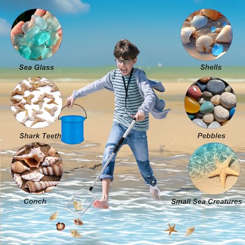 4pcs Shelling Scooper Tools for Beach, Adjustable Shark Tooth Sand Sifter with Mesh Shell Collecting Bag Foldable Beach Bucket Beach Scoop Shovel Toys for Adults Kids Picking Seashell Rock Hunting(B) - color: Blue