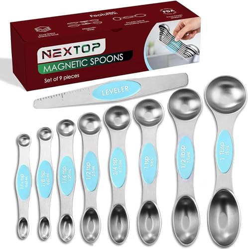 Magnetic Measuring Spoons Set of 9 Stainless Steel Dual-Sided Stackable Measuring Spoon Nesting Teaspoons Measuring Dry and Liquid Ingredients, Fits in Spice Jars Set of 9 (Blue Aqua Sky) - color: Blue (Aqua Sky)