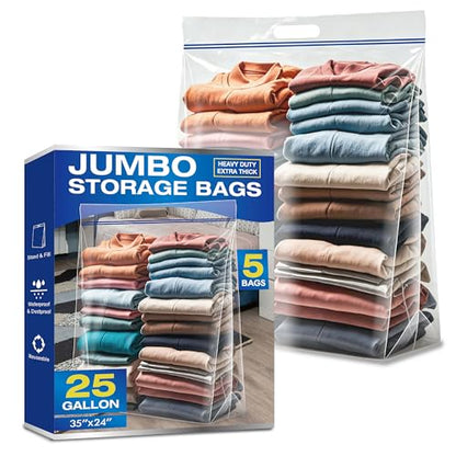 25 Gallon Large Storage Bags, 4 Mil Thick Clear Heavy Duty Plastic Bags with Zipper and Handles, 5 Pack 24"x35" for Clothing, Pillows, Moving and Travel - size: 5 Jumbo
