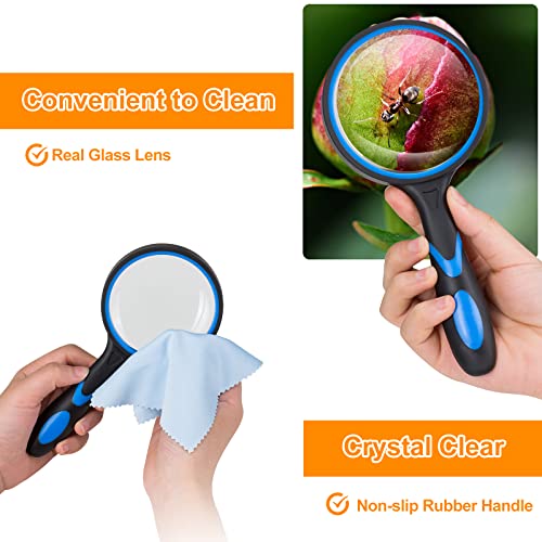 2PCS Upgrade 10X Magnifying Glass, Large Handheld Magnifier Magnafying. Glasses for Kids/Seniors Reading, 3 Inch Shatterproof Lupa Magnify Glass Lens, Rubber Handle - for Observation