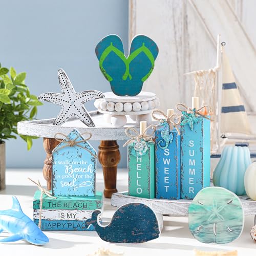 11 Pcs Summer Beach Table Decorations Ocean Tiered Tray Decor Summer Centerpiece Decorative Wood Books Table Top Decor Starfish Wooden Sign for Home Party Supplies (Ocean) - style: Ocean