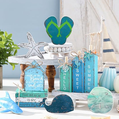 11 Pcs Summer Beach Table Decorations Ocean Tiered Tray Decor Summer Centerpiece Decorative Wood Books Table Top Decor Starfish Wooden Sign for Home Party Supplies (Ocean) - style: Ocean