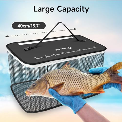 SANLIKE Floating Fishing Basket Collapsible Fishing Net Cage, Rubber Coated Net Fish Basket for Live Caught Fish Minnows Bait Bucket Minnow Trap, 24L/40L/59L，Black/Grey - color: S-24L-Black
