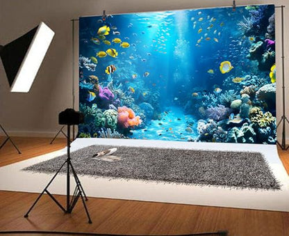 9x6ft Under The Sea Backdrop Underwater World Tropical Fish Photography Background Ocean Aquarium Corals Sunlight Banner Decorations Undersea Party Photo Booth Props - size: 9x6ft