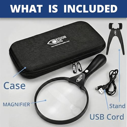 Large 5.5" Magnifying Glass with LED Light (USB Rechargeable) and Hard Case — Handheld Illuminated Magnifier for Reading — Lightweight