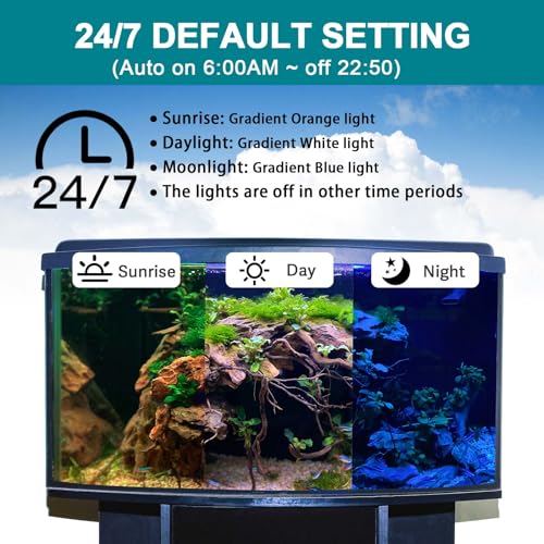 hygger 24/7 Mode Submersible Aquarium LED Light, Full Spectrum Hidden Fish Tank Light with 3 Rows Beads 7 Colors Auto On Off Sunrise-Daylight-Moonlight, Adjustable Timer Brightness - size: 15.9in 10W