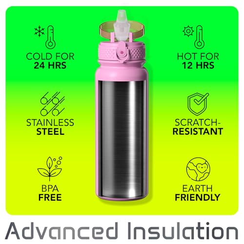 Stainless Steel Water Bottle 20oz with Straw, Insulated, Leakproof Lid - color: Pink