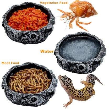 3 Pack Small Reptile Food and Water Bowls, Reptile Feeding Terrarium Bowls for Bearded Dragon Lizard Frog Gecko Tortoise Hermit Crab Snail (Black B)