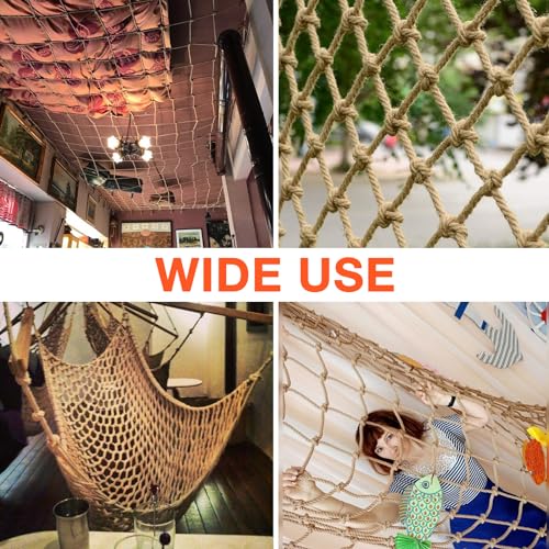 Hemp Rope Net (4ft x 12ft) Heavy Duty Natural Jute Rope Climbing Safety Netting for Balcony Stairs, Fence, Garden, Playground Protection & Indoor/Outdoor Decor - size: 4ftx12ft