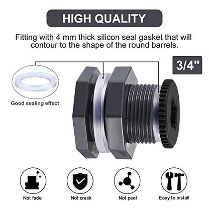 Outus 2 Pieces PVC Bulkhead Fitting with Plugs for Rain Barrels, Aquariums, Water Tanks, Tubs, Pools (3/4 Inch+4 mm Thick Silicon Seal Gaskett,Dark Grey)