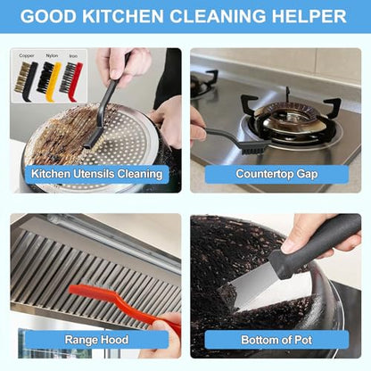12Pcs Crevice Cleaning Brush Set, Hard Bristle Multi-Purpose Household Cleaning Tools for Kitchen Bathroom Tile Grout Window Track, Bamboo Pot Brush + Copper Wire Brush + Scraper