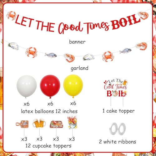 Cheereveal Let the Good Times Boil Party Decorations Kit, Seafood Banner Garland Cake Toppers Cupcake Picks, Red White Yellow Balloons, Crawfish Lobster Shrimp Boil Birthday Bridal Shower Decor
