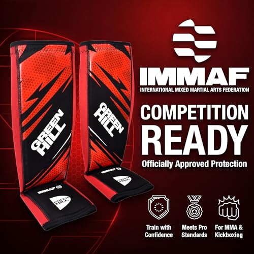 Green Hill IMMAF Shin Guards for MMA, Muay Thai & Kickboxing - color: Black/Red, size: X-Large