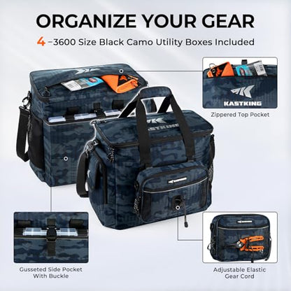 KastKing BaitSpace Fishing Tackle Bag With 4 Tackle Boxes & Removable Bait Binder, Water-Resistant Tackle Storage, Durable Fishing Gear, Adjustable Shoulder Strap - color: F: Blue Camo, size: Large - 4*3600 Trays