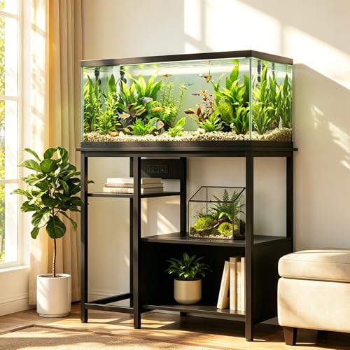 40-50 Gallon Fish Tank Stand, Heavy Duty Aquarium Stand with Power Outlets & Storage Shelves, Industrial Wood Metal Fish Tank Table Cabinet, 600LBS Terrarium Stand Tank Stand for Aquarium, Turtle Reptile Tank