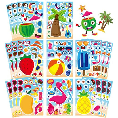 24 Sheets Summer Make a Face Sticker Hawaii Tropical Pool Beach Stickers for Kids, Make Your Own Watermelon Pineapple Flamingo Stickers, Summer Holiday Party Favors - style: Summer Stickers