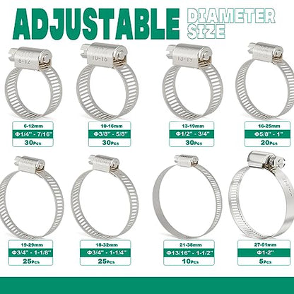 175PCS Hose Clamps Stainless Steel Assortment Adjustable 1/4"-2"(6-51mm) Worm Gear Hose Clamp, Heavy Duty Metal Small Hose Clamps for Automotive, Pipe, Radiator Plumbing, Fuel Line - size: 175PCS KIT-HOSE CLAMP(1/4''-2'')