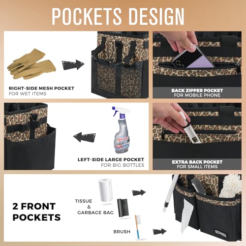 Compact Wearable Cleaning Caddy, Small Cleaning Supplies Organizer with Handle & Shoulder Straps for Housekeepers, under Sink & Car Cleaning Tool Organizers Bag (Leopard) - color: Leopard