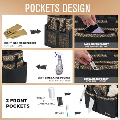 Compact Wearable Cleaning Caddy, Small Cleaning Supplies Organizer with Handle & Shoulder Straps for Housekeepers, under Sink & Car Cleaning Tool Organizers Bag (Leopard) - color: Leopard
