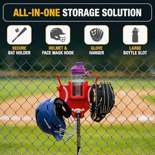 Baseball Softball Dugout Organizer - Fence-Mounted Hanging Holder for Bat Glove Helmet & Water Bottles - with Secure Clips - Heavy-Duty PLA 3D Print, Keeps Dugout Neat & Accessible - color: Red