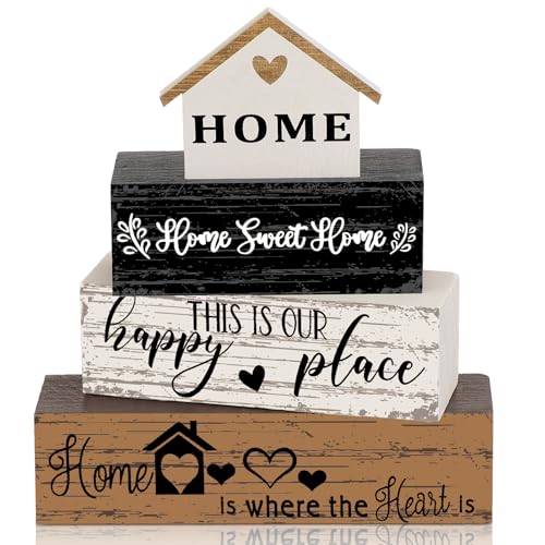 4 Pcs Farmhouse Wooden Tabletop Decor Sweet Home Tiered Tray Decor Rustic Home Wood Sign Housewarming Gifts Neutral Decorations for Wooden Block Sign Coffee Shelf Desk Centerpiece Decoration - style: Home