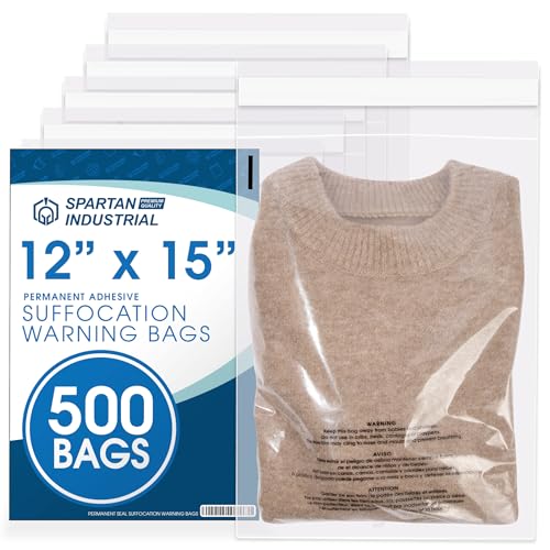 Spartan Industrial - 12" X 15" (500 Count) Self Seal Clear Poly Bags with Suffocation Warning for Packaging, Clothes - Permanent Adhesive - size: 12" x 15"