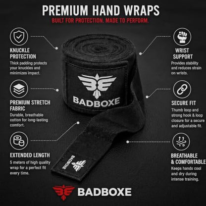 TWISTER FIGHT WEAR Boxing Hand Wraps 180" (4.5 Meter) – Premium Cotton-Polyester Blend with Thumb Loop and Hook & Loop Closure for Boxing, MMA, Muay Thai & Kickboxing - color: Black (2 Pair)